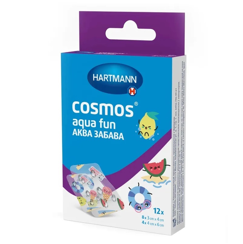 Пластырь (Cosmos® aqua fun (АКВА ЗАБАВА) нестер.  р. 3см x 4см (8 шт) и 4см x 6см (4 шт) №12)