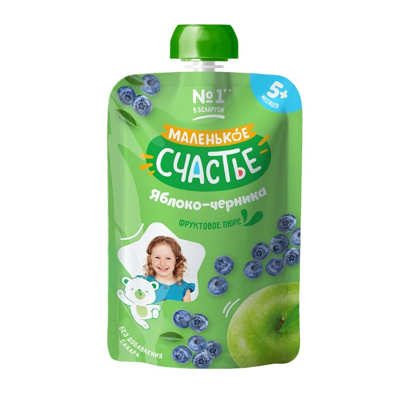 Маленькое счастье (Пюре из яблок и черники д/дет.пит.д/дет.раннего возр.гомогенизированное, стерилизованное  90 г (Дойпак))