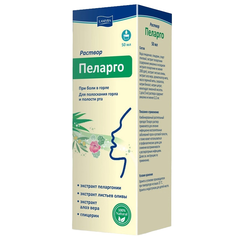 Пеларго  (раствор средство д/полоскания горла и ротовой полости  50 мл )