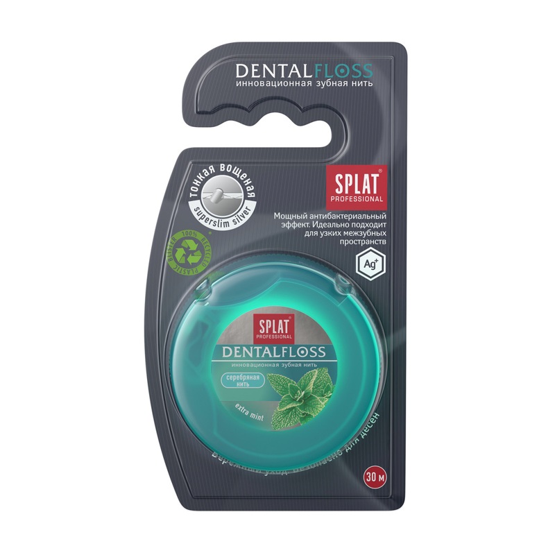 Splat Professional DentalFloss Зубная нить мятная с волокнами серебра 30м