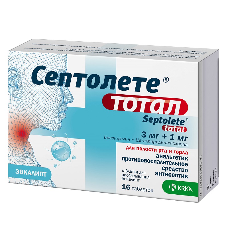 СЕПТОЛЕТЕ ТОТАЛ ЭВКАЛИПТ  (табл. д/рассасывания 3мг/1мг  №8х2)